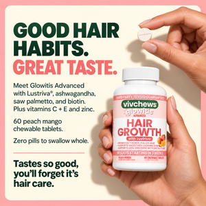 A hand holds a white pill and a bottle of Vivchews Glowitis Hair Growth chewable tablets against a cream background with promotional text about good hair habits and peach mango flavor.
