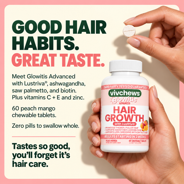 A hand holds a white pill and a bottle of Vivchews Glowitis Hair Growth chewable tablets against a cream background with promotional text about good hair habits and peach mango flavor.