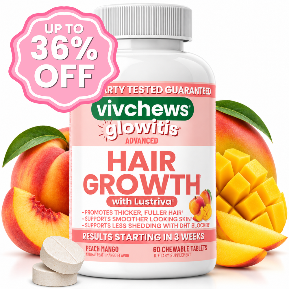A bottle of vivchews glowitis Advanced Hair Growth dietary supplement, peach mango flavor, shown with two chewable tablets in front, flanked by fresh peach slices and a pink promotional badge reading 'UP TO 36% OFF'.