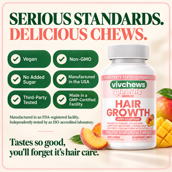 VivChews+ Advanced Hair Growth chews supplement bottle on a light peach background with promotional text, green feature badges, and peach and mango fruit imagery.