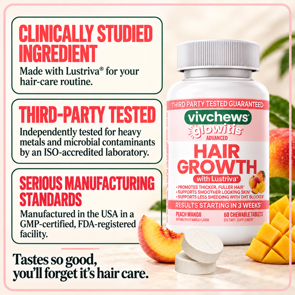 A bottle of vivchews glowit's Advanced Hair Growth supplement with peach and mango flavor, set against a peach-colored background with three informational text boxes highlighting clinical study, third-party testing, and manufacturing standards.