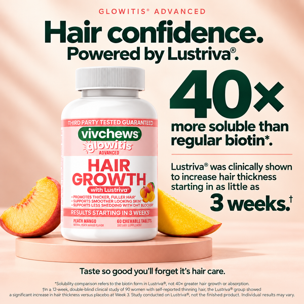 Vivcheews Glowitis Advanced Hair Growth supplement bottle on a peach background with promotional text about 40x more soluble than regular biotin and results starting in 3 weeks.
