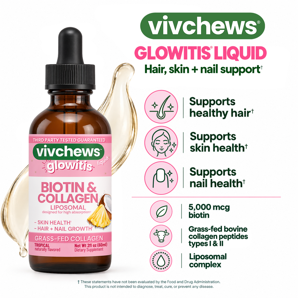 Vivchews Glowitis Biotin & Collagen Liposomal dietary supplement shown as an amber glass dropper bottle next to its pink retail box, with decorative liquid splash graphics on a white background.