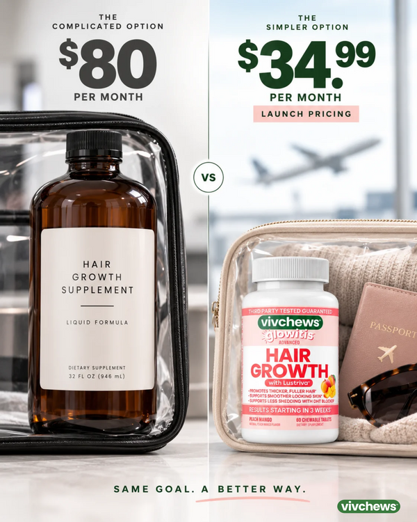 Promotional comparison graphic for Vivchews hair growth supplement, showing an amber liquid formula bottle in a black zip case on the left and a white supplement bottle with pink label in a beige toiletry case on the right. Text compares $80 per month versus $34.