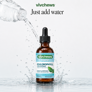 A brown amber dropper bottle labeled vivchews liquid Chlorophyll Liposomal stands in splashing water, with a clear bottle pouring water into the scene and the text 'vivchews Just add water' above.