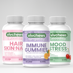 Three bottles of vivchews gummies for different health conditions on a white background