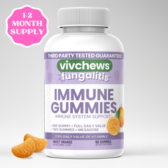 Vivchews Immune Gummies bottle with a 1-2 month supply label on a gray background