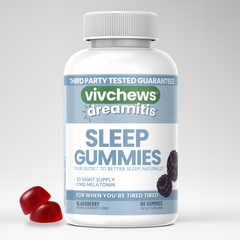 Vivchews Dreamitis Sleep Gummies bottle on a gray background
