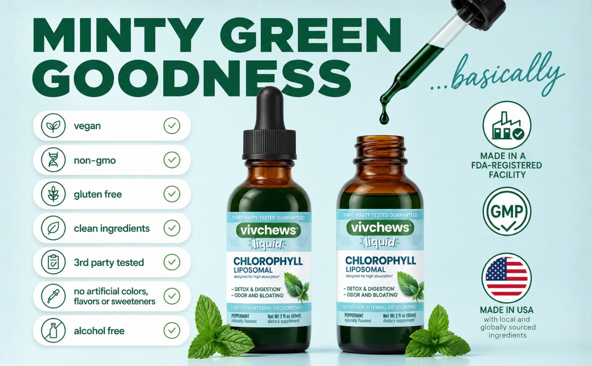 Two amber glass dropper bottles of vivchews liquid chlorophyll supplement on a light blue background, with a large dropper above and mint leaves at the bottom. Text reads 'MINTY GREEN GOODNESS .