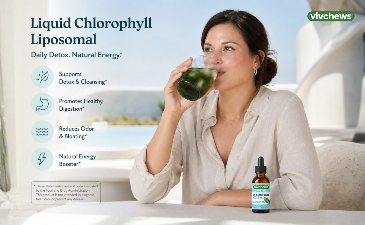A woman in a white blouse sits indoors drinking from a glass containing a green liquid, with a small dropper bottle labeled vivchews Liquid Chlorophyll Liposomal beside her. Text on the left lists benefits such as supports detox & cleansing, promotes healthy digestion, reduces odor & bloating, and natural energy booster.