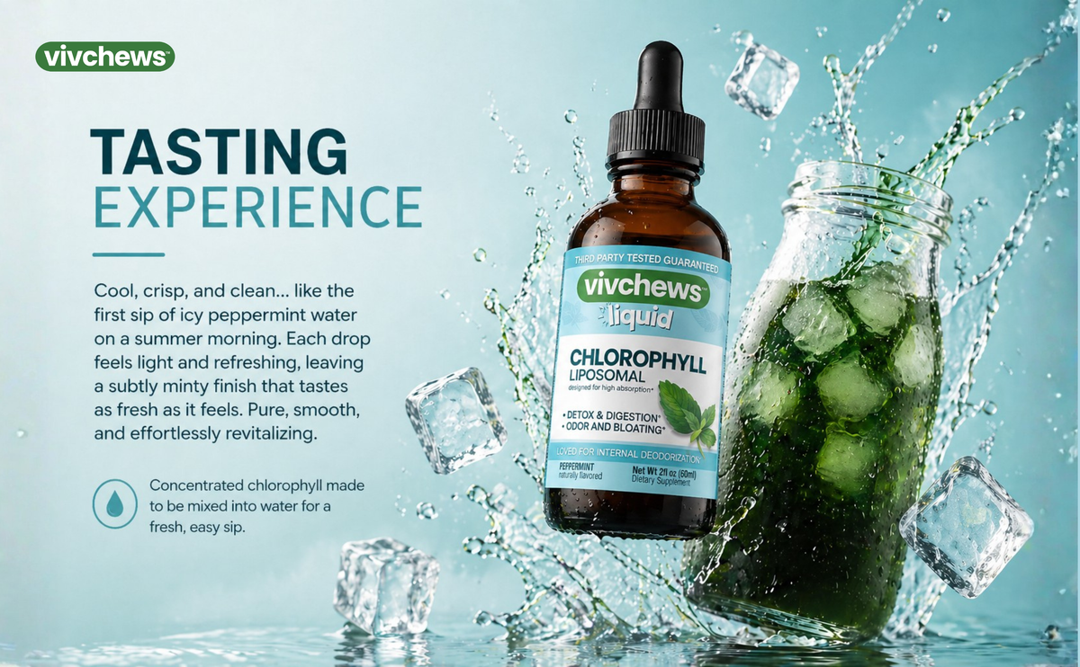 A bottle of vivchews liquid chlorophyll liposomal dietary supplement is shown next to a glass jar filled with ice and green liquid, surrounded by a dynamic splash of water and ice cubes on a light blue background with promotional text.