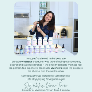 Vivian Tenorio in a kitchen with various vivchews bottles, promoting vivchews products.