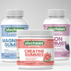 Three bottles of Vivchews supplements on a gray background with a red 'NEW' label.