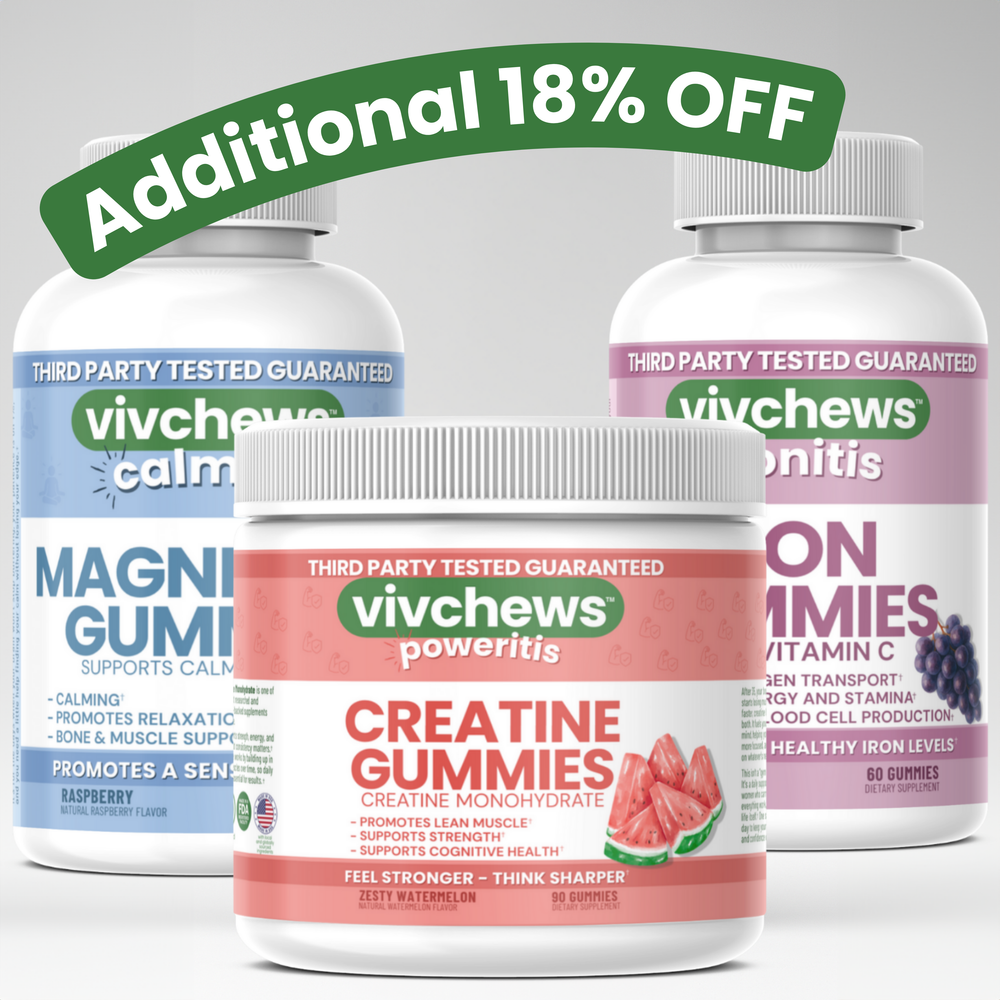 Vivchews supplement gummies with promotional text on a light gray background