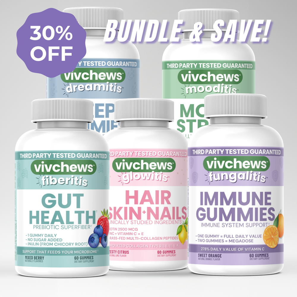 Vivchews supplement bottles with various health benefits on a gray background, featuring a 30% off bundle offer.