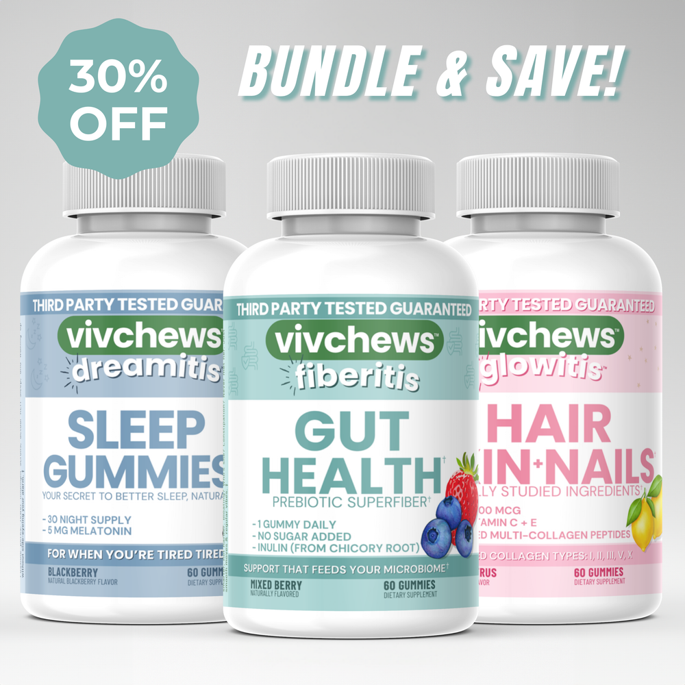Three bottles of vivchews gummies with labels for sleep, gut health, and hair, nails & skin on a light gray background.
