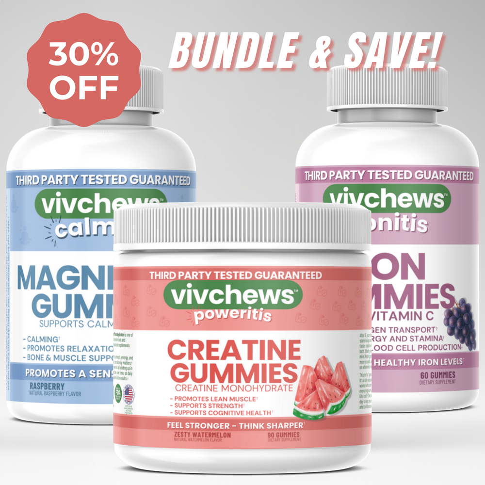 Vivchews supplement gummies with promotional text on a light gray background