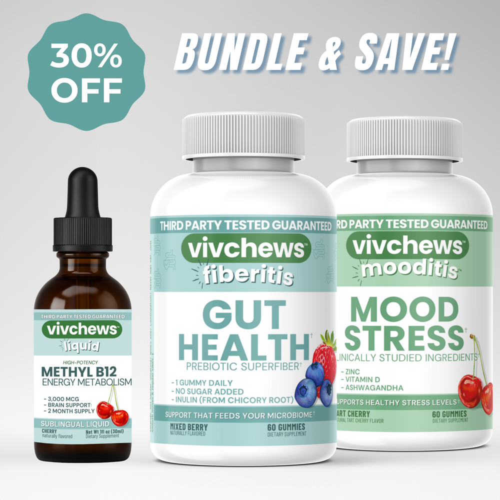 Vivchews health and wellness products including bottles and a dropper with promotional text on a light gray background.