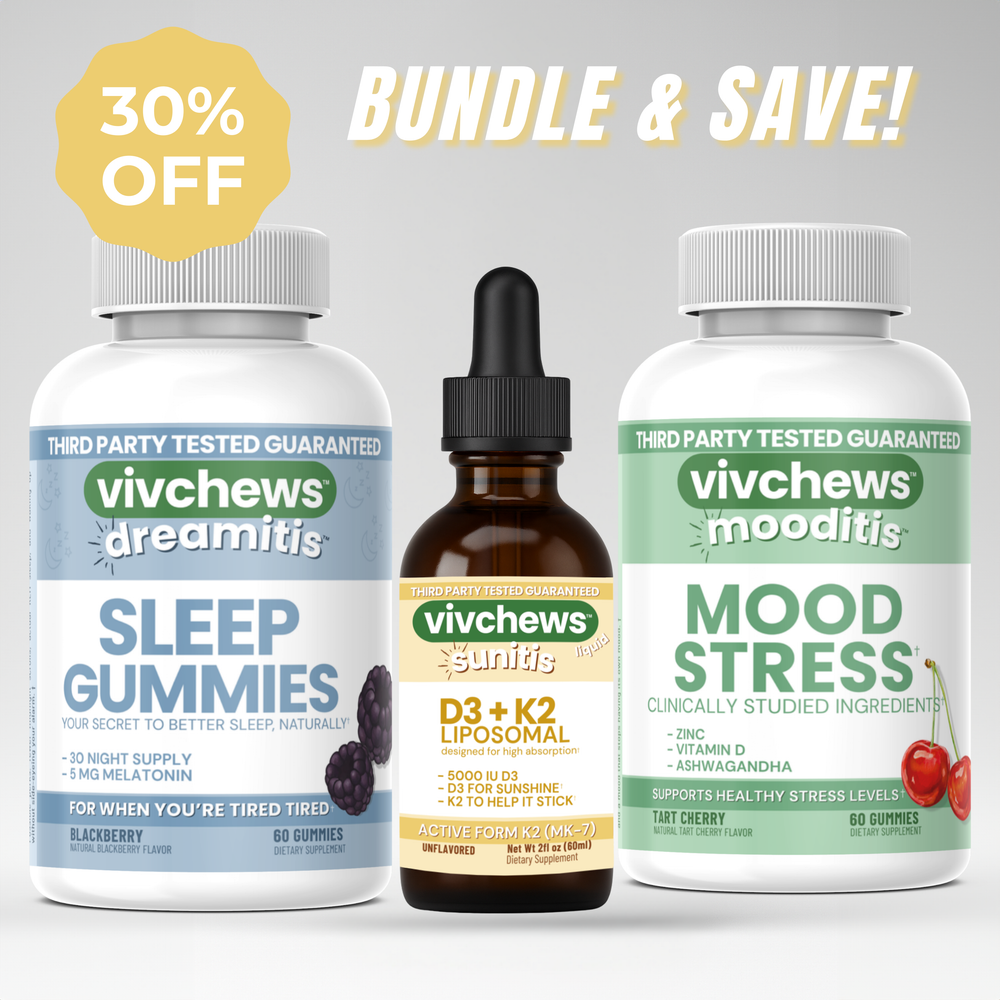 Three health supplement products with 'vivchews' branding on a light gray background.
