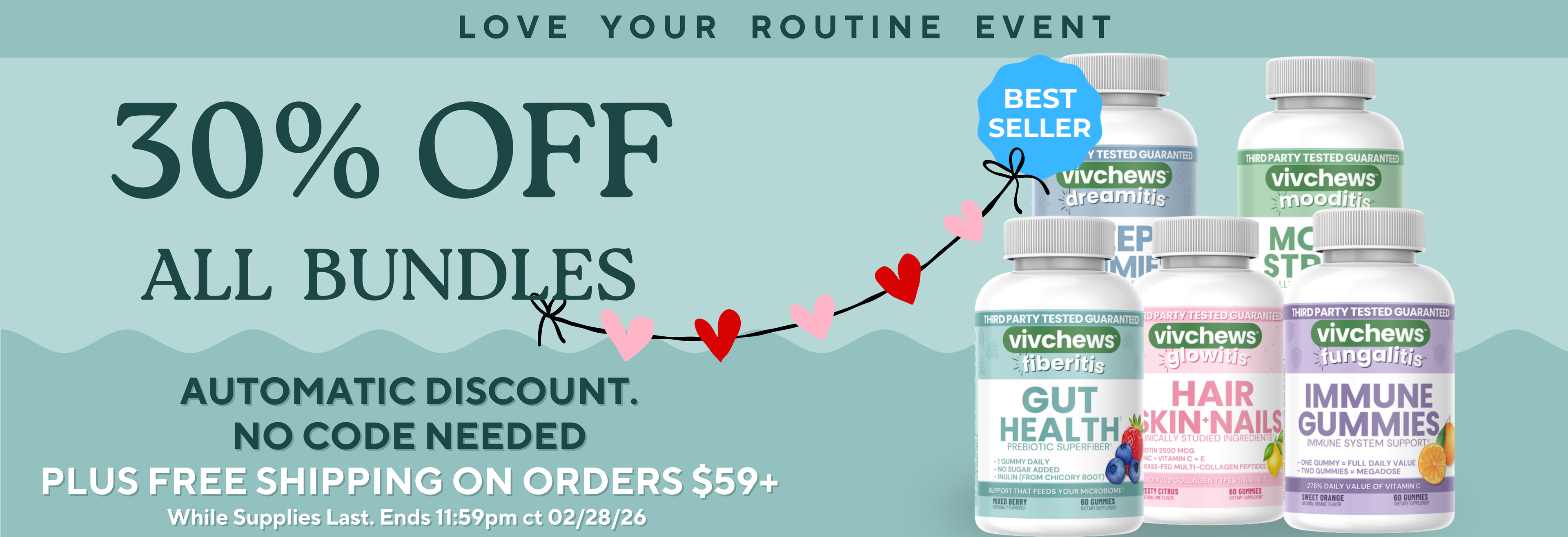 Promotional banner for Vivchew supplements with 30% off bundles and free shipping offer.