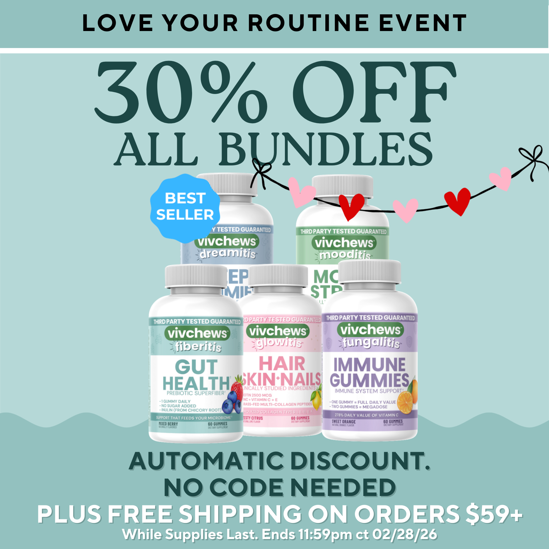 Promotional graphic for Vivchews products with a 30% off bundle offer on a light blue background.