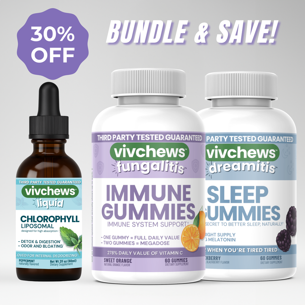 Vivchews supplement products including gummies and liquid on a light gray background with promotional text.