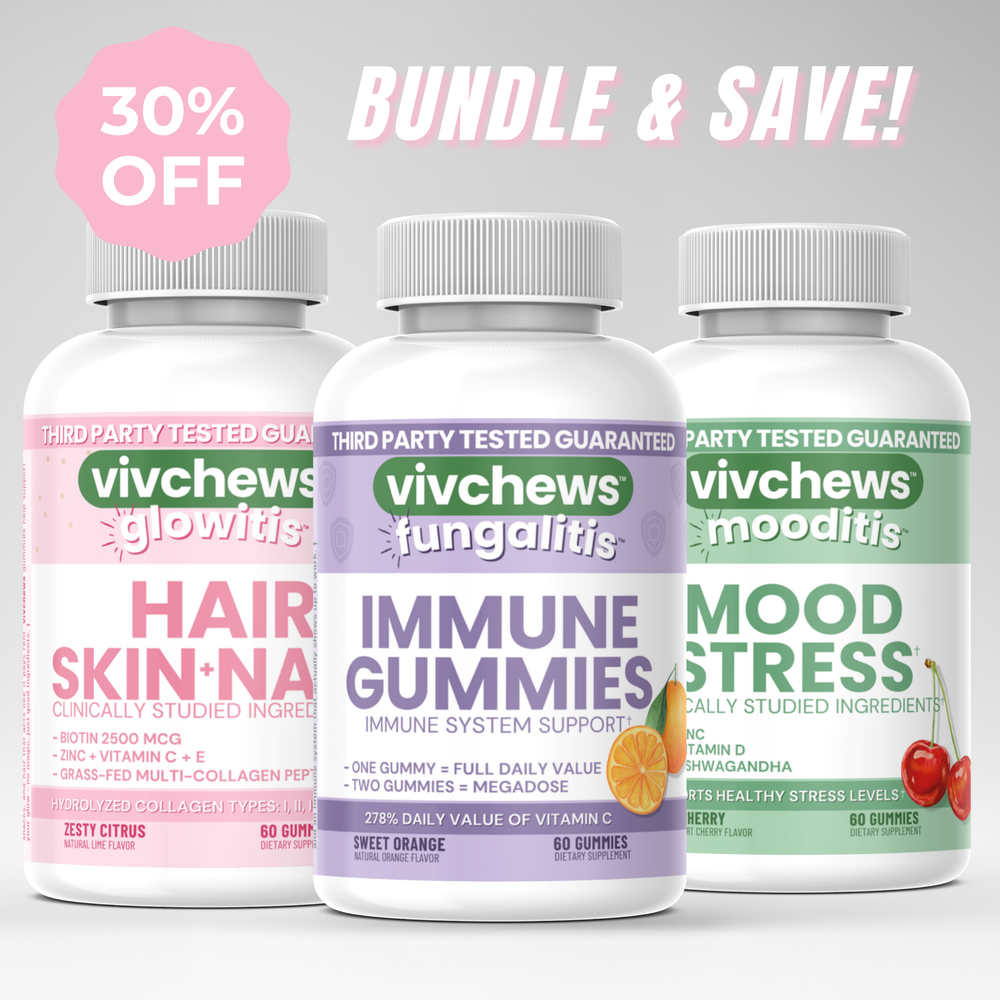 Three bottles of Vivchews gummies with different health benefits on a light gray background.