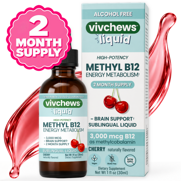 VivCHEWS Liquid Methyl B12 dietary supplement, featuring a 50ml amber glass dropper bottle and its matching light blue and white cardboard packaging box. The product is presented against a white background with decorative red liquid splash graphics on the sides.