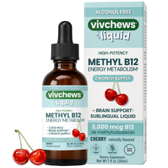 Vivchews Methyl B12 liquid supplement bottle with cherry flavor on a white background