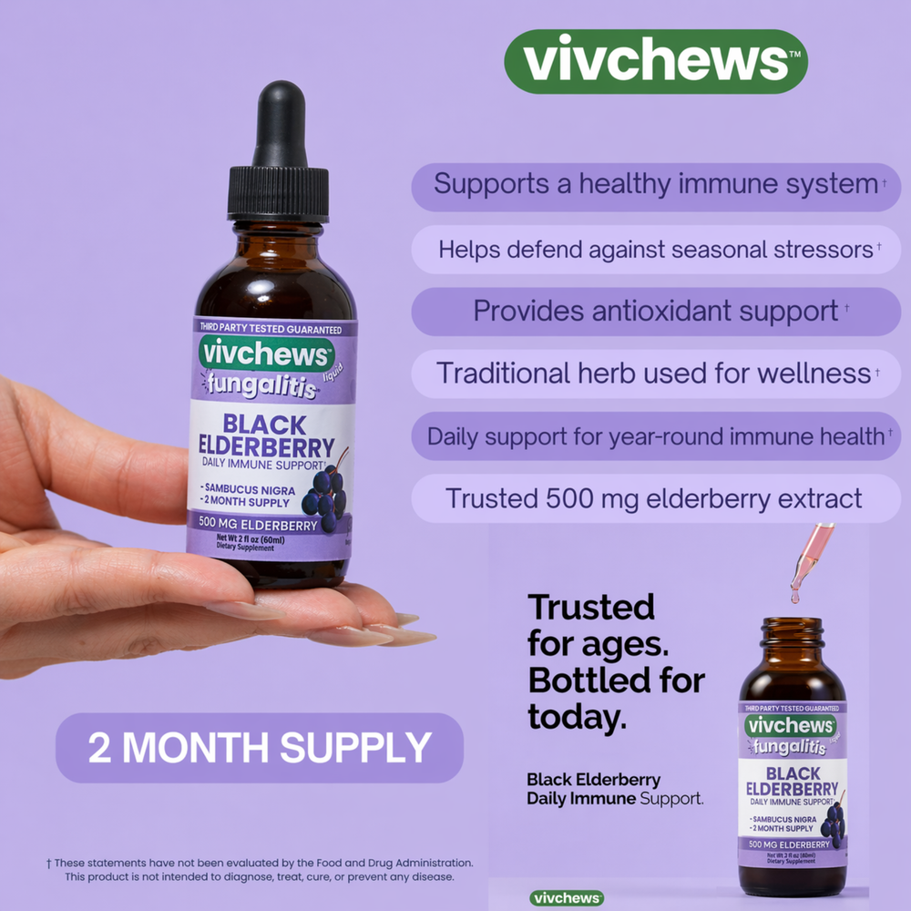 Vivchews Black Elderberry supplement bottle with graphics on a light gray background