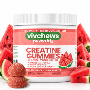 A jar of vivchews Poweritis Creatine Gummies (Zesty Watermelon flavor) surrounded by watermelon slices and sugar-coated gummies on a white background.