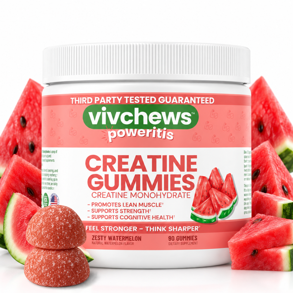 A jar of vivchews Poweritis Creatine Gummies (Zesty Watermelon flavor) surrounded by watermelon slices and sugar-coated gummies on a white background.