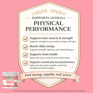 Viv Chew's creatine gummies packaging with product description on a pink background