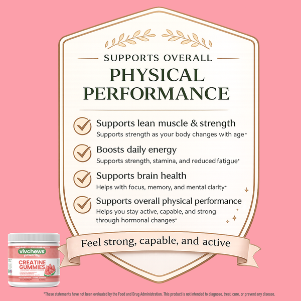Viv Chew's creatine gummies packaging with product description on a pink background