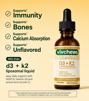 Vivchews D3 + K2 liposomal liquid bottle with product features on a yellow background