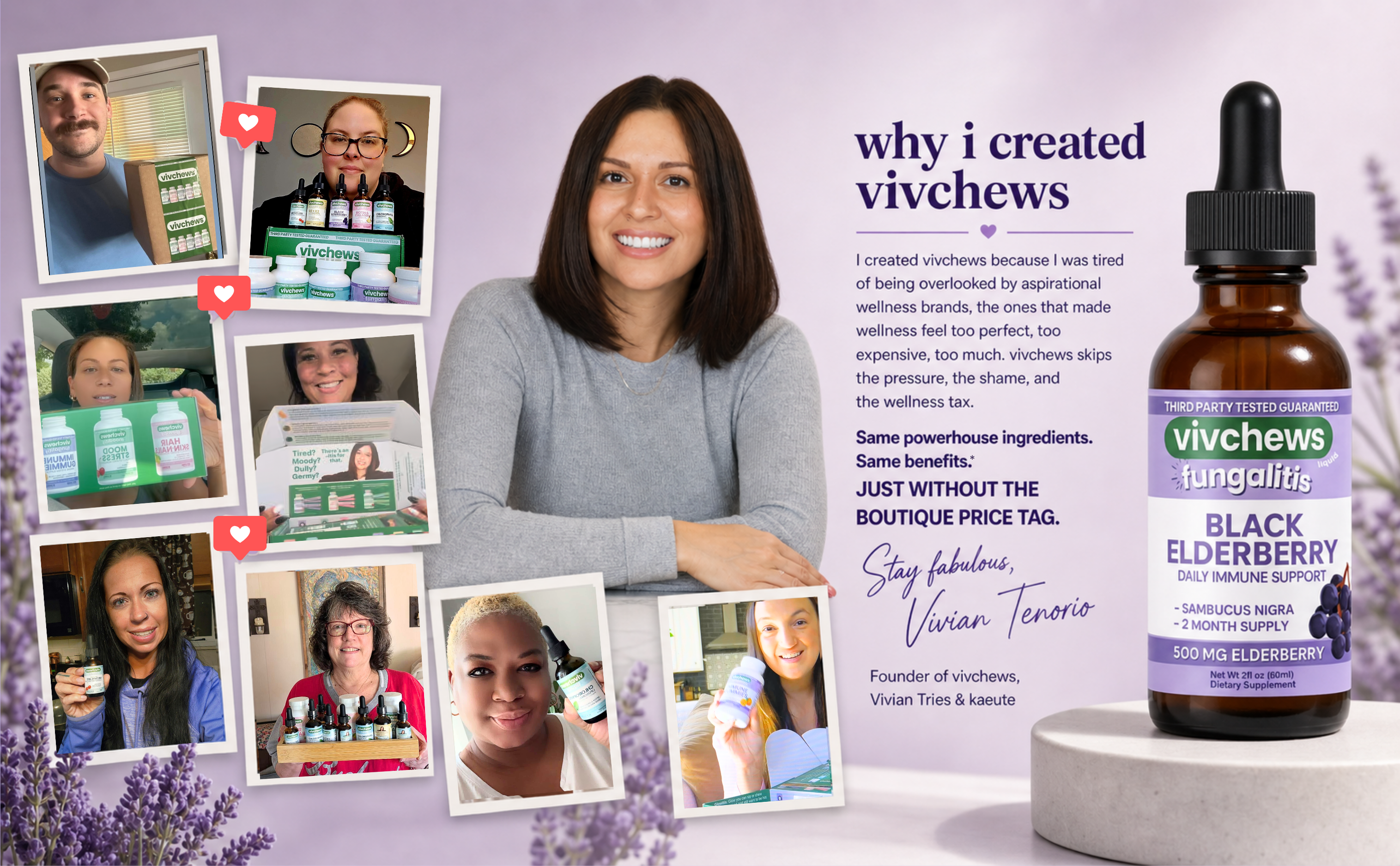 Woman with a bottle of 'Vivchews' Black Elderberry supplement on a purple background with product images and text.