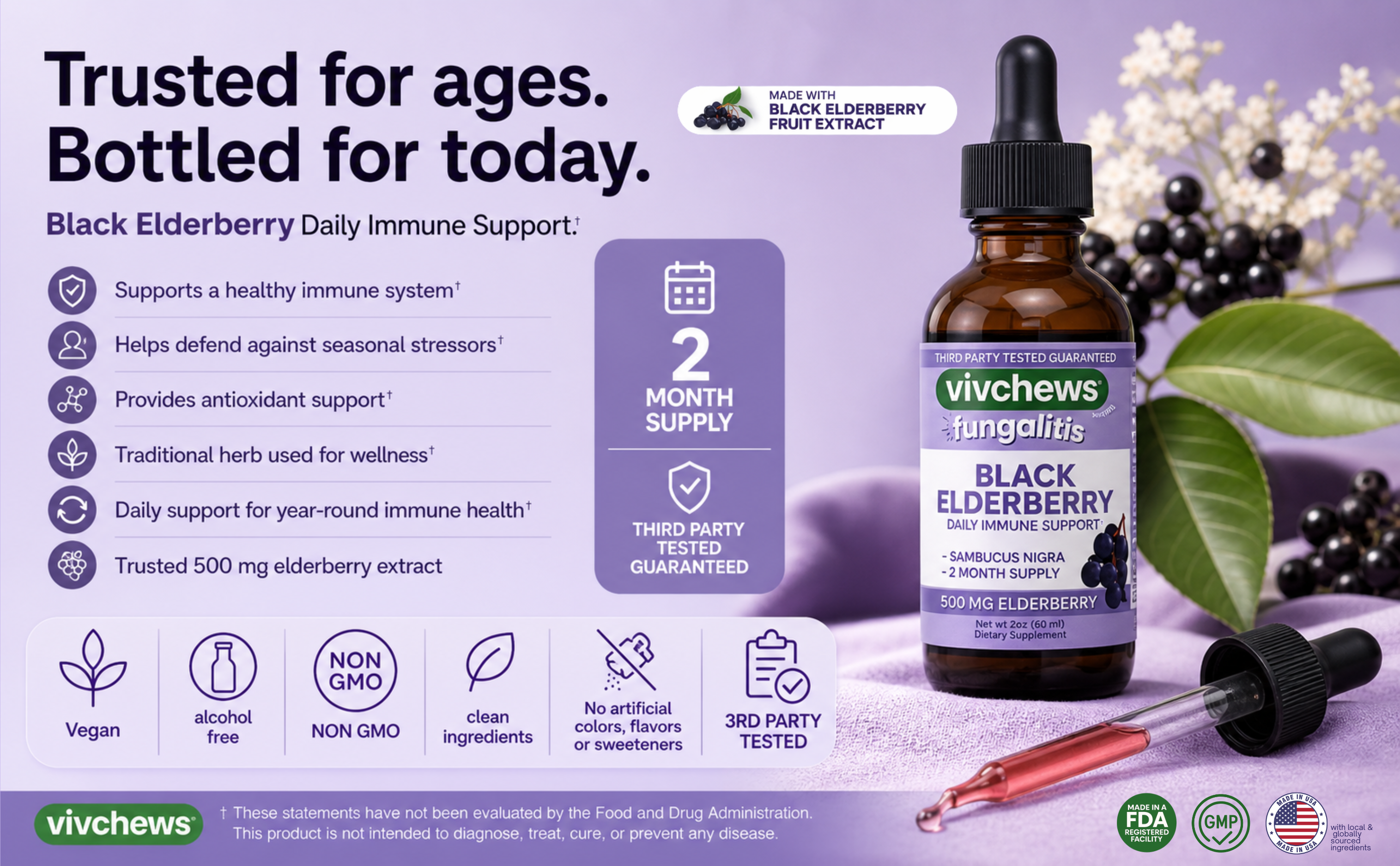Vivchews Black Elderberry daily immune support product with dropper on a purple background