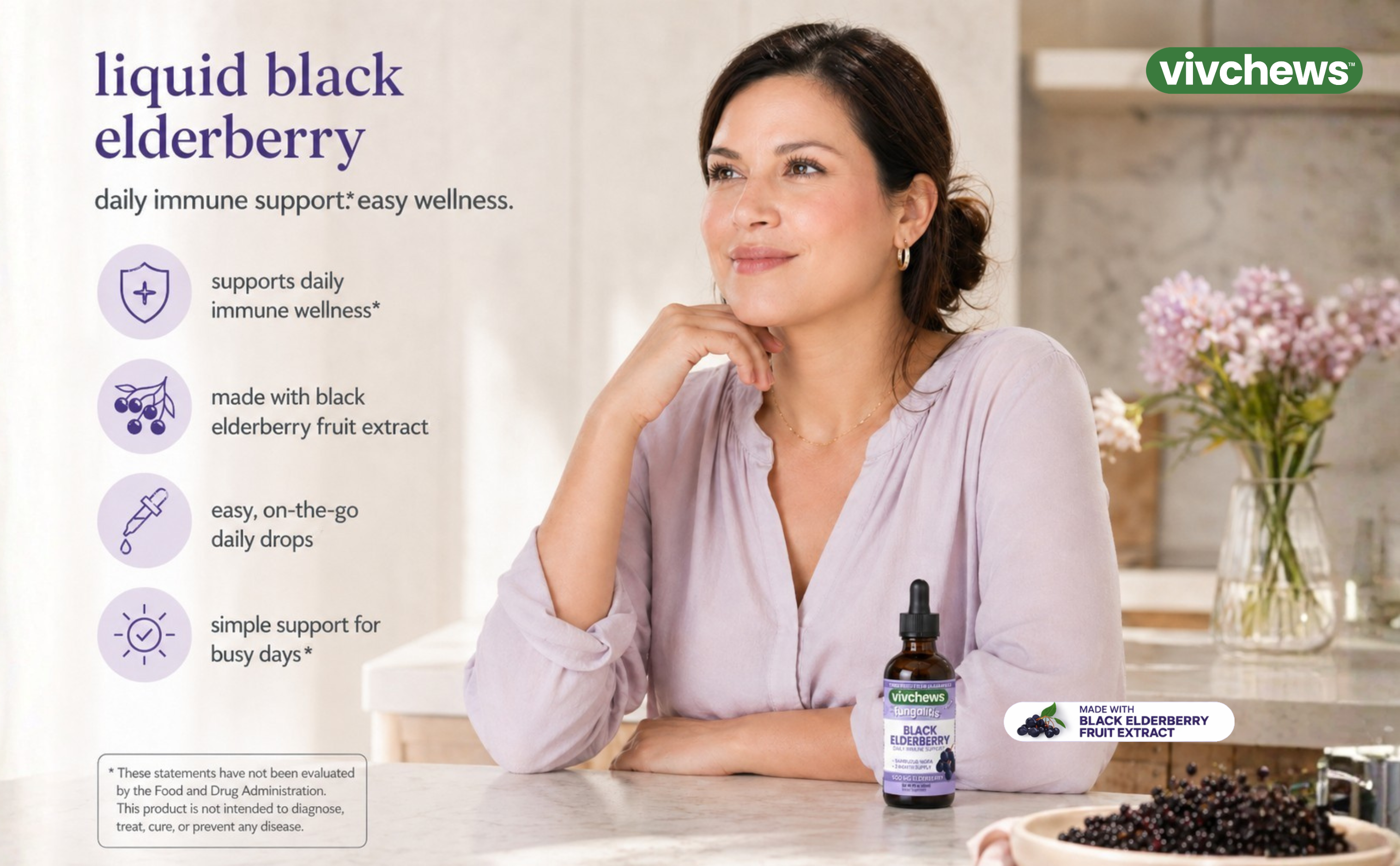 Woman sitting at a table with a bottle of liquid black elderberry supplement, surrounded by text about its benefits.