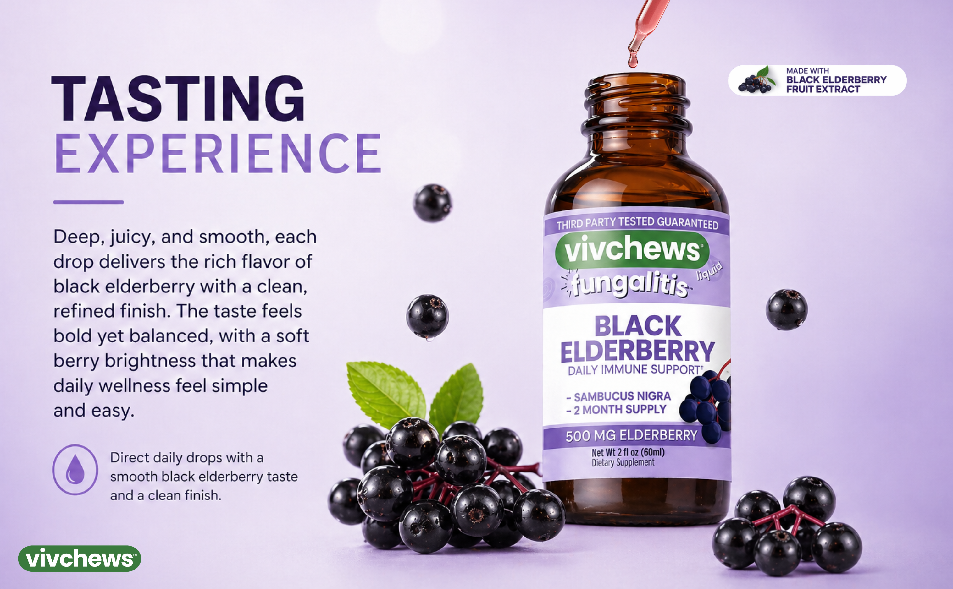 Vivchews Black Elderberry supplement bottle with black elderberries on a purple background