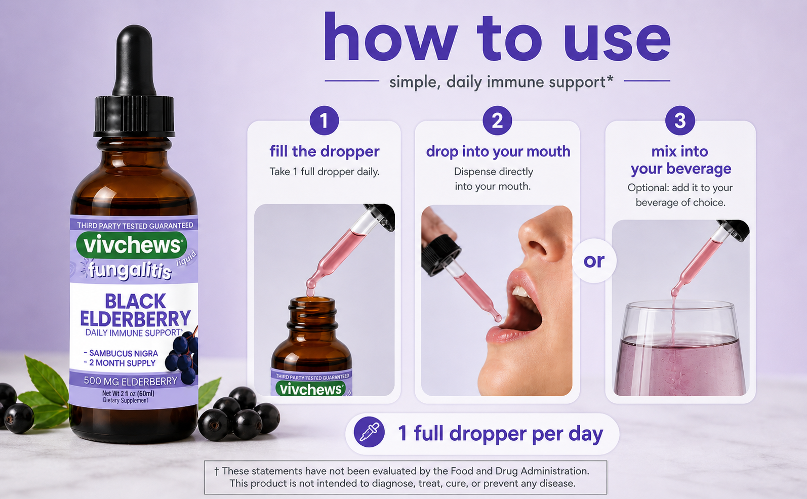 Vivchews Black Elderberry supplement bottle with usage instructions on a purple background