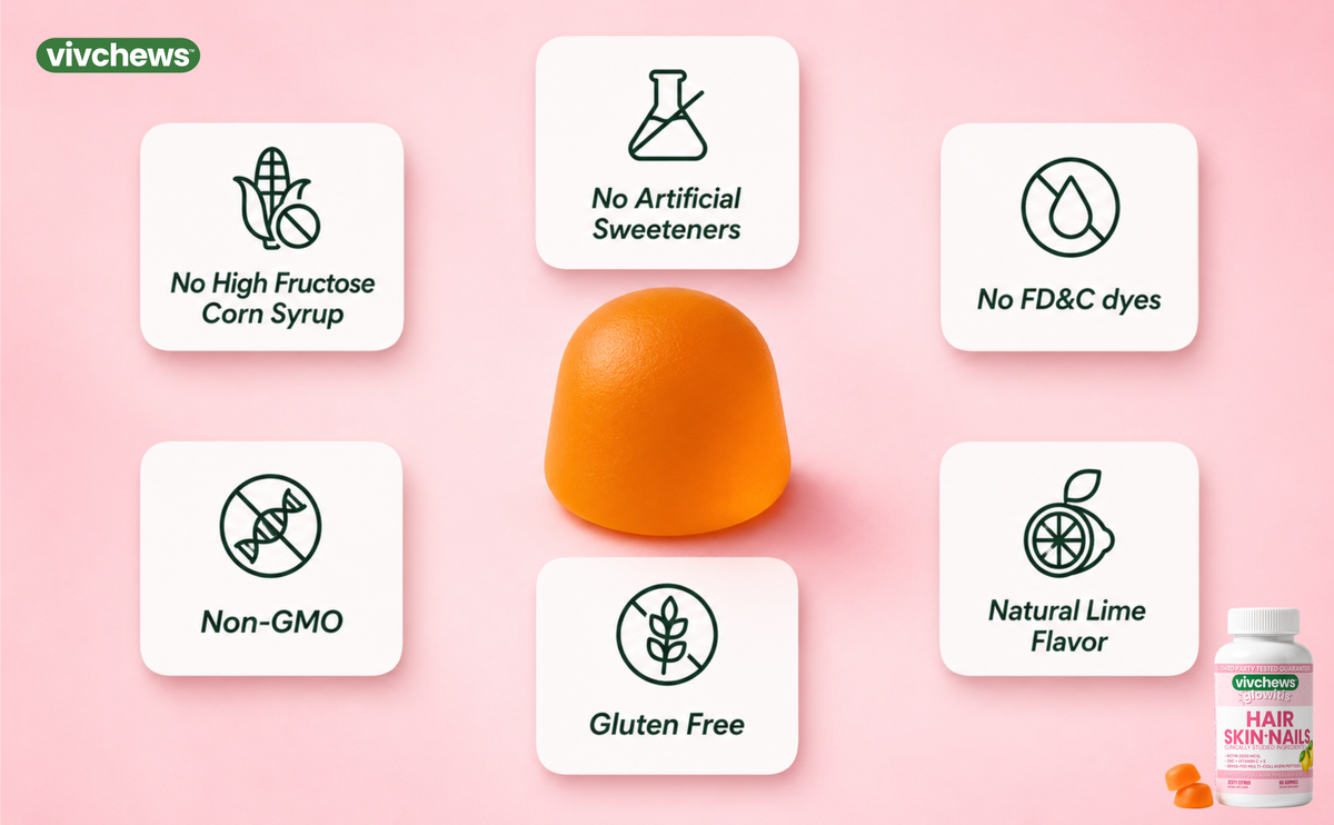 Orange gummy bear with health label icons on a pink background