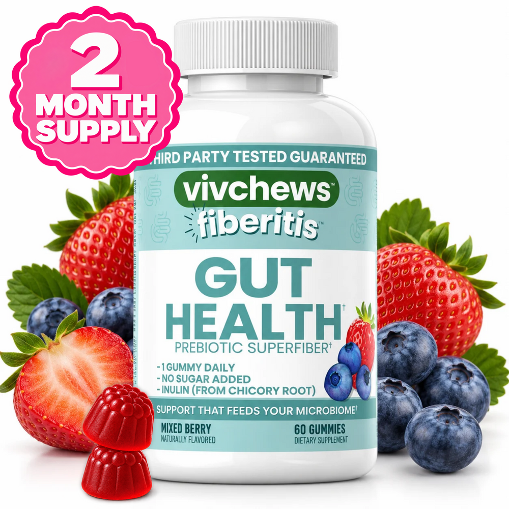 A bottle of vivchews fiberitis Gut Health prebiotic superfiber dietary supplement gummies, surrounded by fresh mixed berries (strawberries, blueberries, raspberries) on a clean white background.