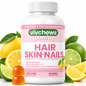 A bottle of vivchews glowitis Hair Skin Nails multi collagen gummies, surrounded by fresh citrus slices, limes, and gummy bears on a white background.