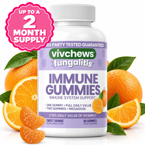 A bottle of vivchews Fungalitis Immune Gummies centered against a white background, surrounded by fresh orange slices, orange peels, and green leaves. The bottle is white with a purple and green label, and the gummies inside are visible through the clear bottle.