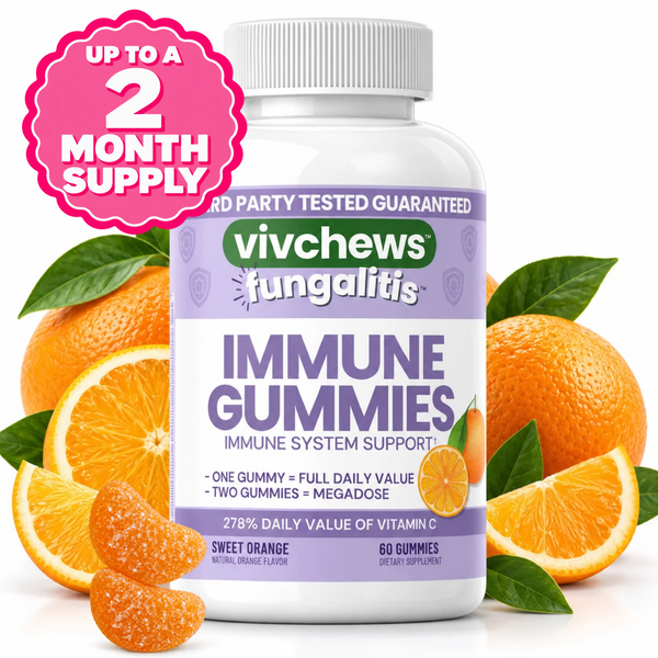 A bottle of vivchews Fungalitis Immune Gummies centered against a white background, surrounded by fresh orange slices, orange peels, and green leaves. The bottle is white with a purple and green label, and the gummies inside are visible through the clear bottle.