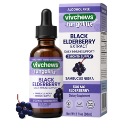 Vivchews Black Elderberry supplement bottle with graphics on a light gray background