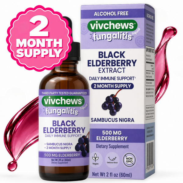 A bottle and box of vivchews Fungalitis Black Elderberry Extract dietary supplement, featuring an amber glass dropper bottle and a purple and white retail box with grape imagery, set against a white background with decorative pink liquid splash graphics.