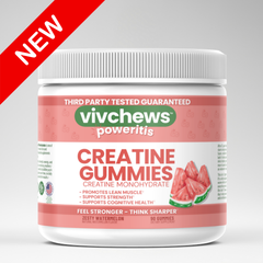 Vivchews Poweritis Creatine Gummies container with watermelon flavor on a gray background
