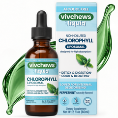 Vivchews Liquid Chlorophyll Liposomal dietary supplement shown as an amber glass dropper bottle next to its light blue and white retail box, decorated with green liquid splash graphics on a white background.