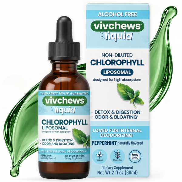 Vivchews Liquid Chlorophyll Liposomal dietary supplement shown as an amber glass dropper bottle next to its light blue and white retail box, decorated with green liquid splash graphics on a white background.